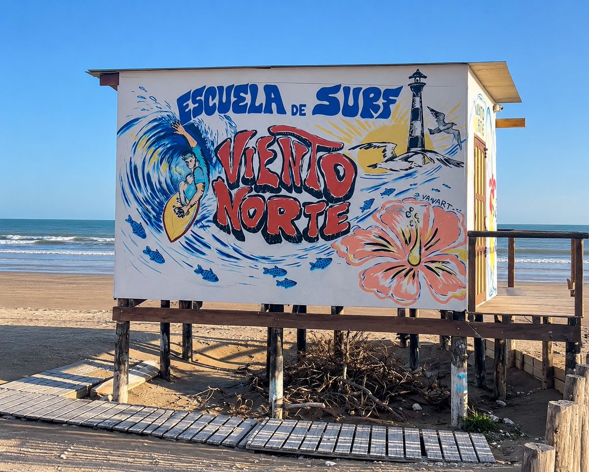 Casita de la escuela de surf Viento Norte pintada con un mural, en la playa