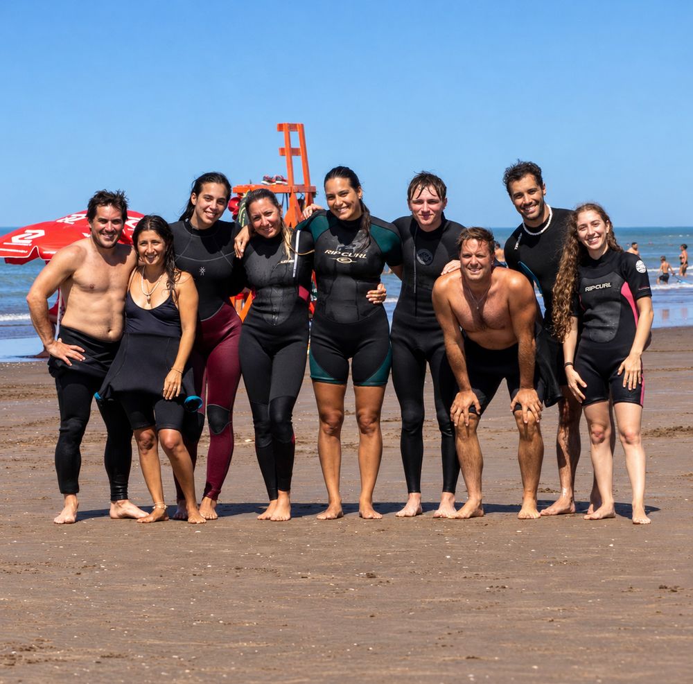 Grupo de alumnos con trajes de surf en la playa
